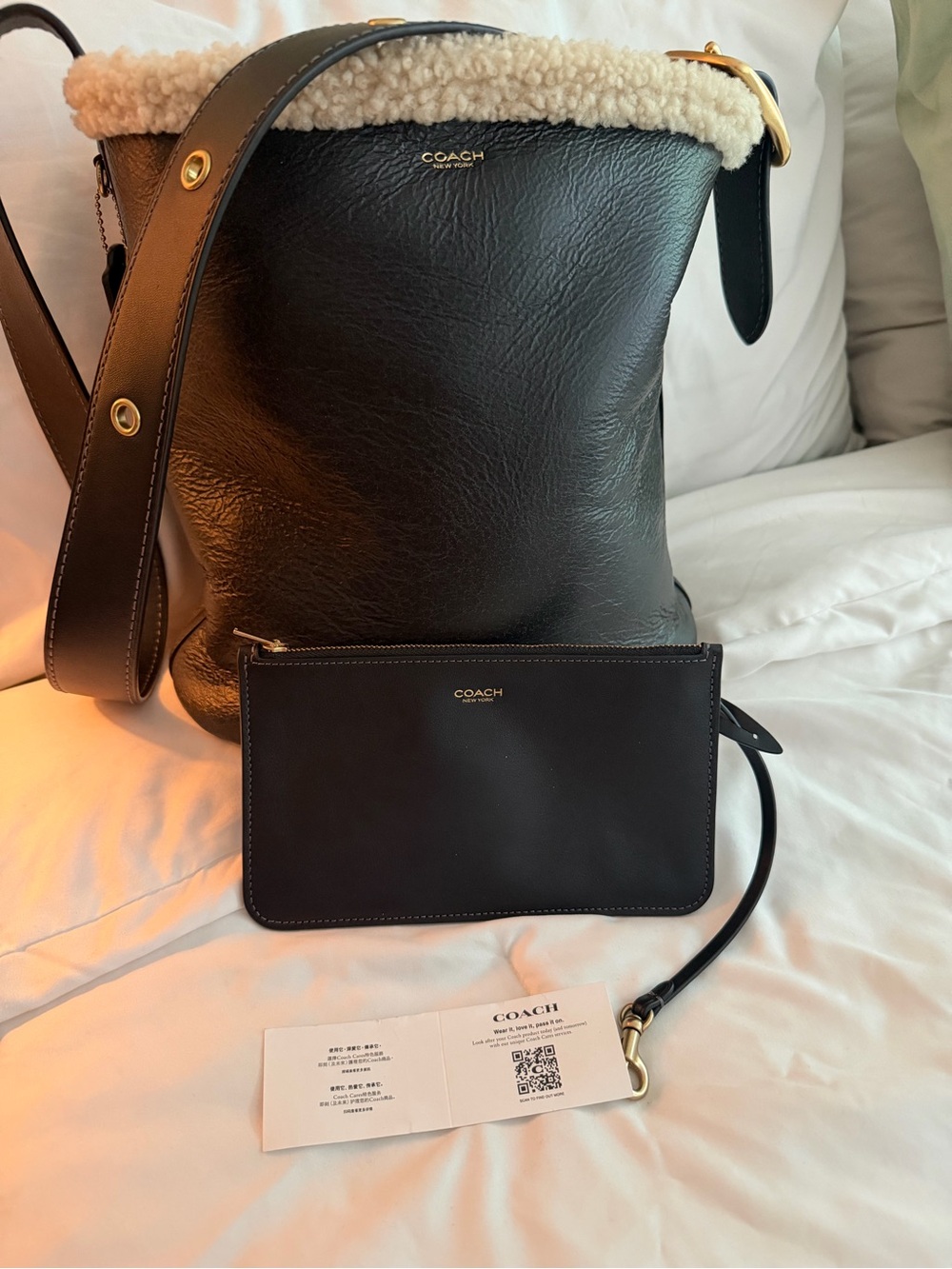 Coach Black Leather Shoulder Bag with Cream Shearling Trim and Removable Pouch